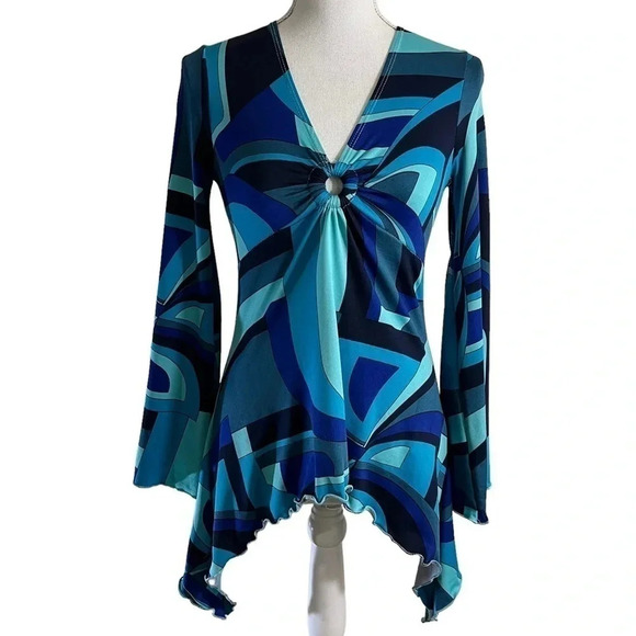 French Twist Y2K Blouse Medium Long Flared Sleeves Retro Geometric 2000s Pop Top - Picture 1 of 14